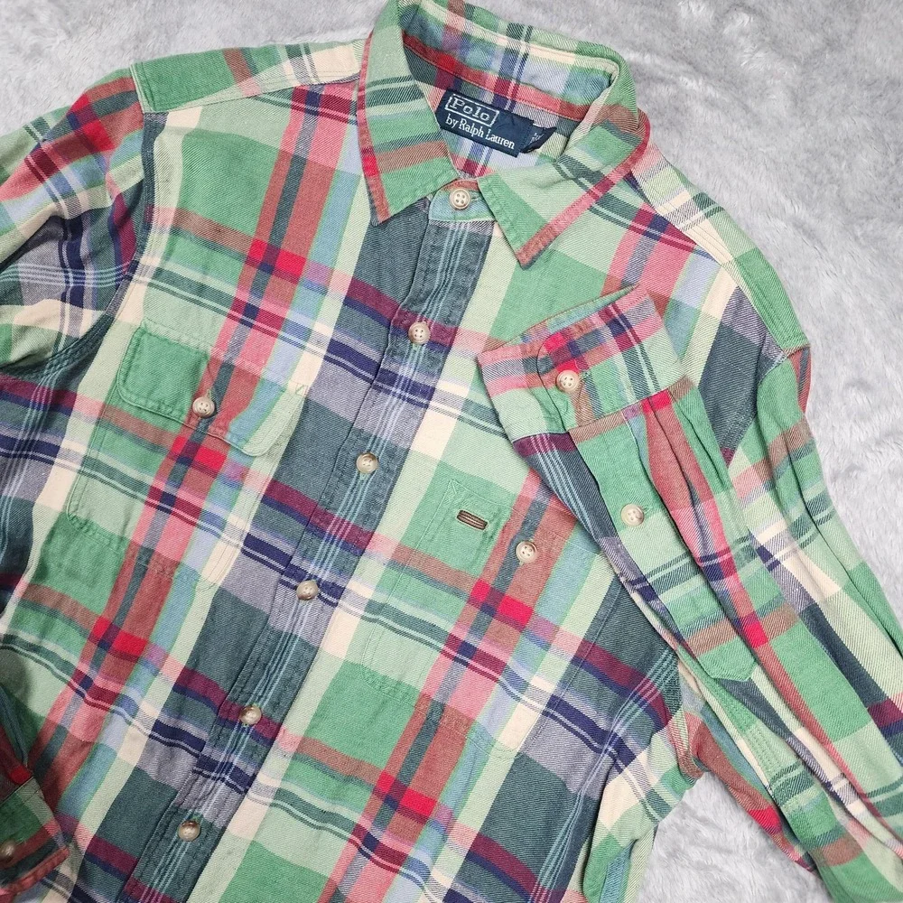 Polo Ralph Lauren Shirt Mens Medium Green Red Madras Plaid Button Down‎ Casual